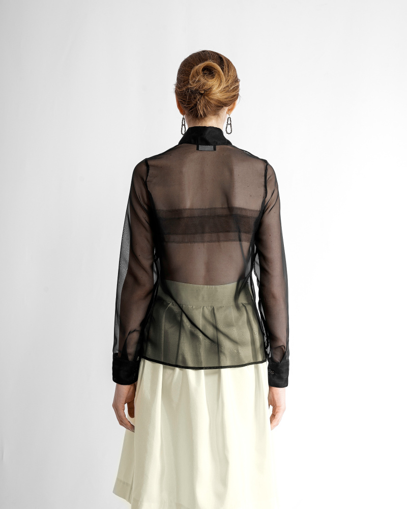 Pure silk black organza shirt with decorations